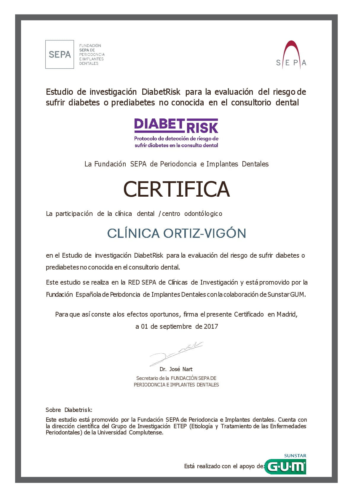 Certificado DIABETRISK, estudio para la deteciión precoz de la diabetes